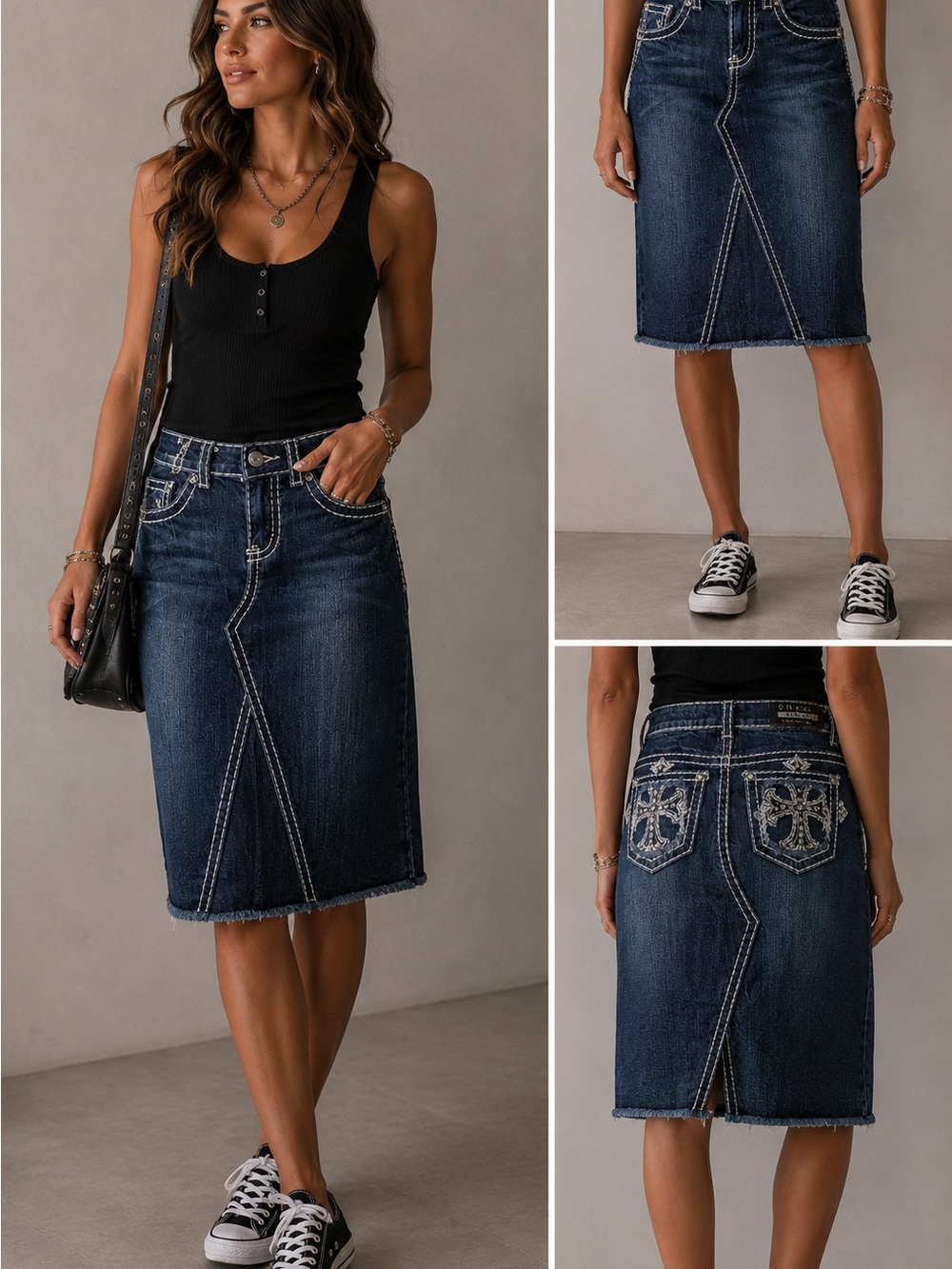 Miss Chic USA Denim Midi Skirt Womens Small Blue Embroidered Cross Y2K Western